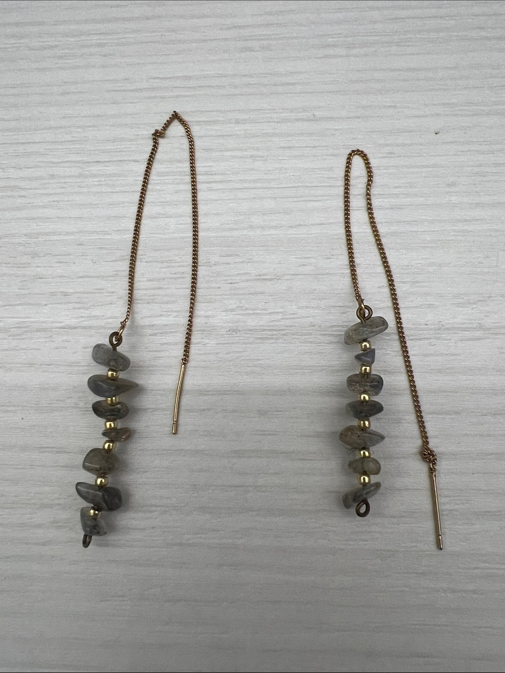 Gold Threader Earrings with Gray Stone Beads